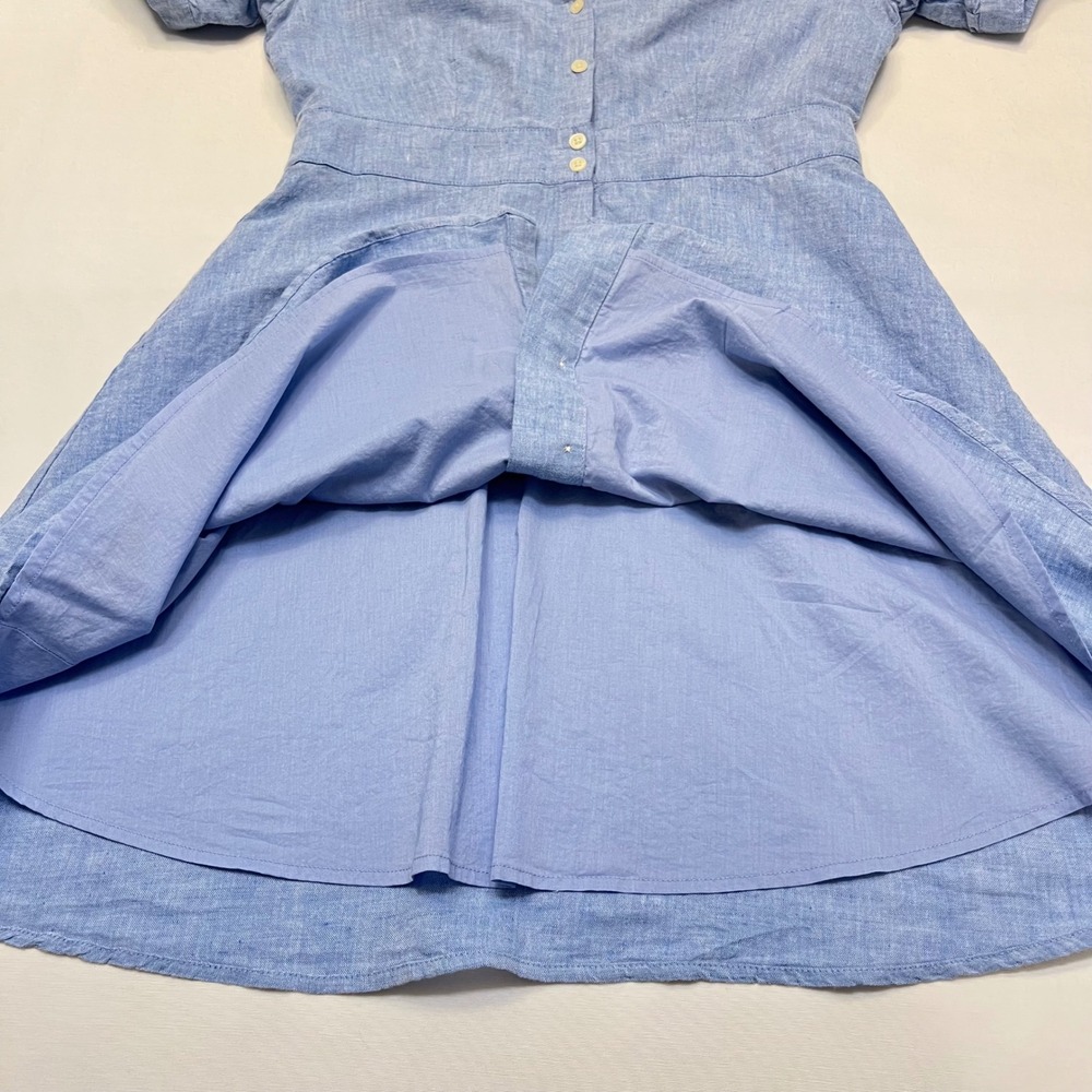 Gap Blue Linen Blend Button Front Puff Sleeve Tie Cuff Fit Flare Dress Size 8 - Picture 7 of 9
